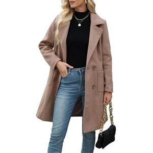 Womens Winter Wool Blend Coat Mid Long Double Breasted Notch Lapel Jacket Warm
